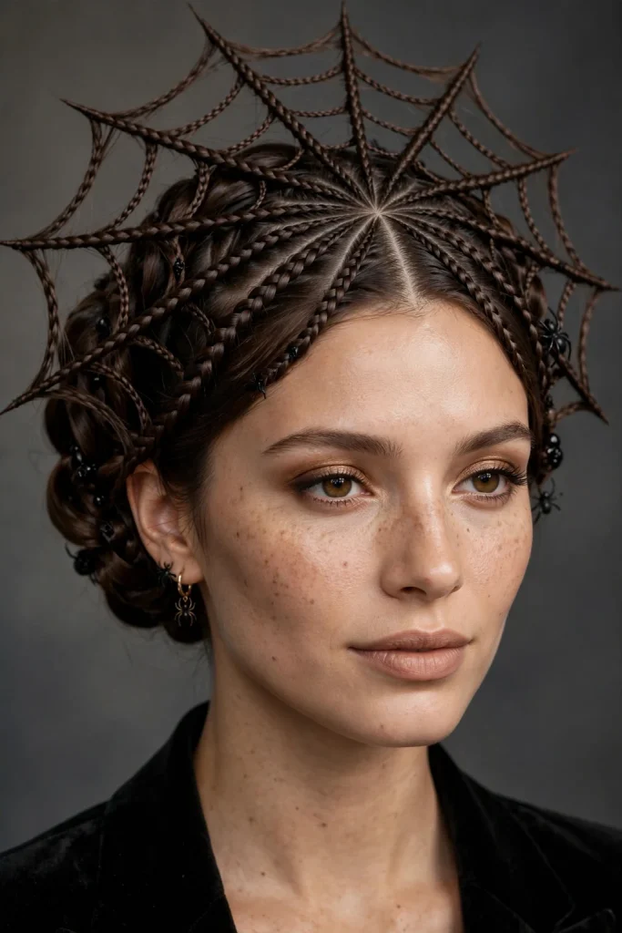 22 Halloween Hairstyles to Try in 2026 6 4. Spiderweb Braided Updo