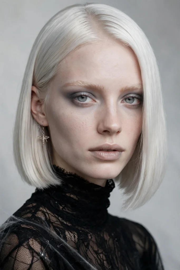 22 Halloween Hairstyles to Try in 2026 7 5. Ghostly Platinum Sleek Bob