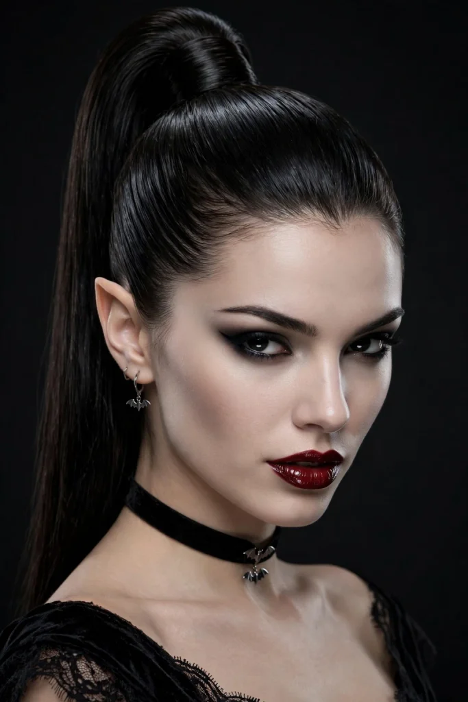22 Halloween Hairstyles to Try in 2026 8 6. Vampire Vixen High Ponytail