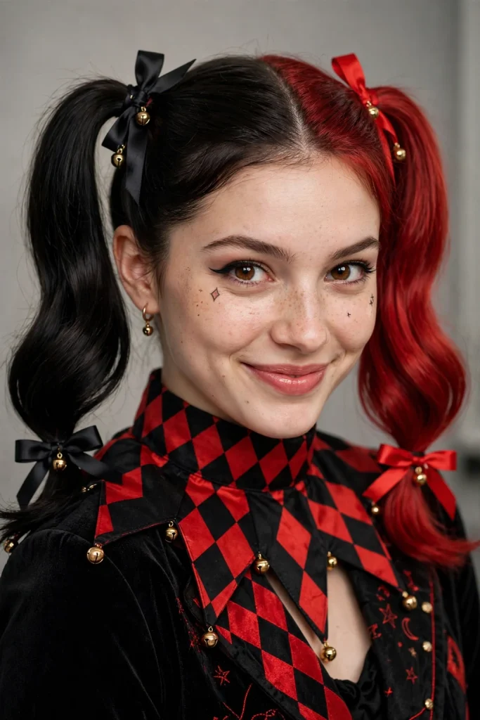22 Halloween Hairstyles to Try in 2026 9 7. Two-Tone Harlequin Pigtails