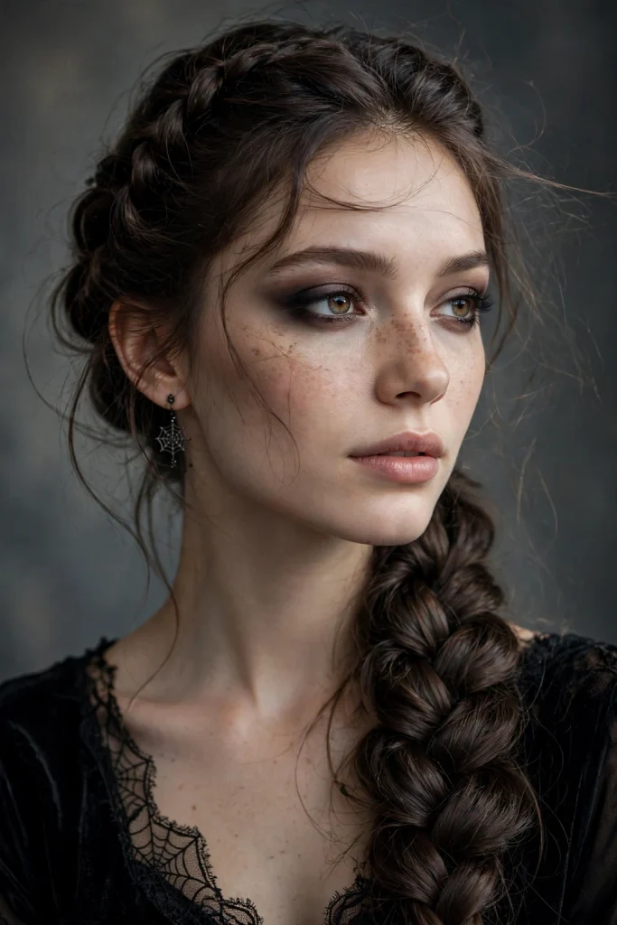 22 Halloween Hairstyles to Try in 2026 11 9. Cobweb Fishtail Braid