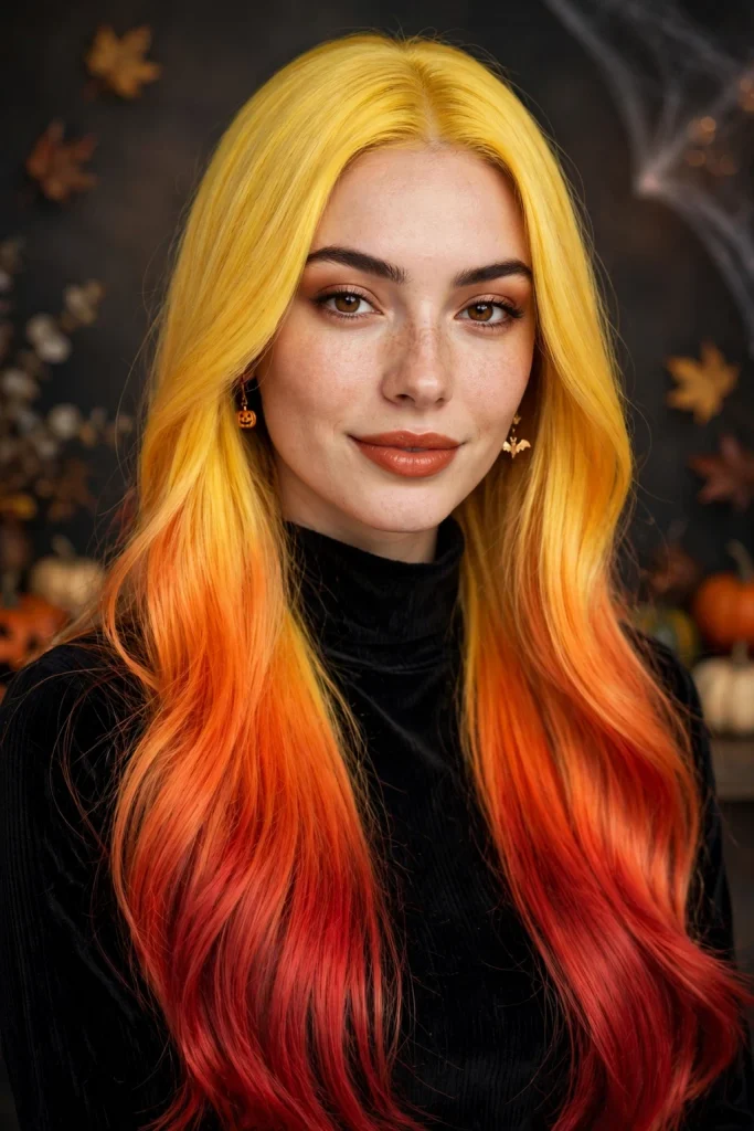 22 Halloween Hairstyles to Try in 2026 13 11. Candy Corn Ombre