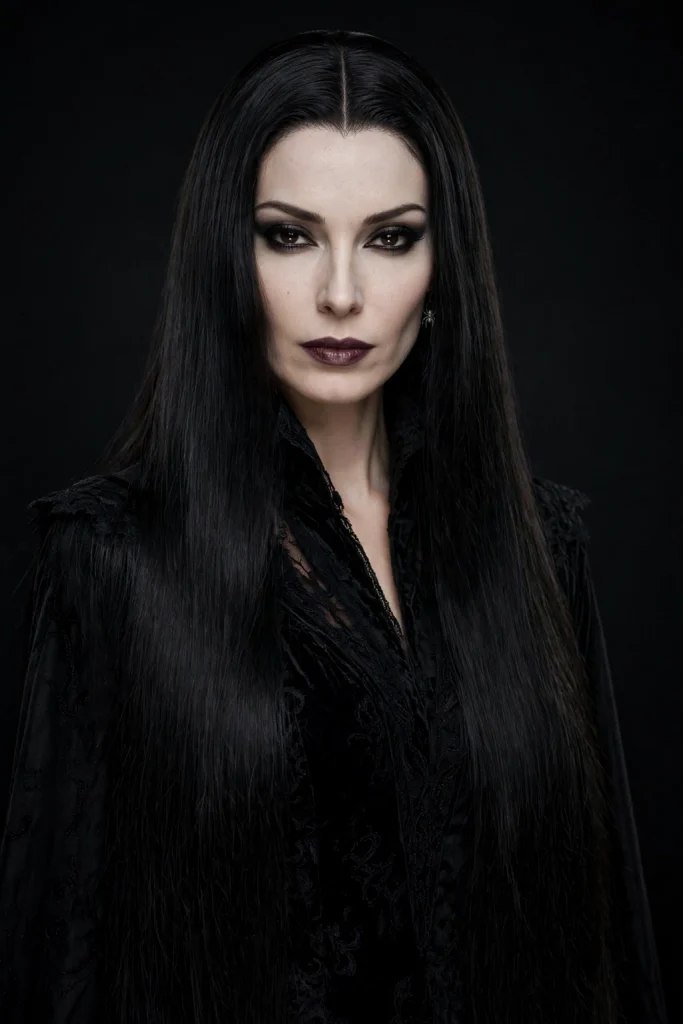 22 Halloween Hairstyles to Try in 2026 15 13. Morticia-Inspired Long Straight Black