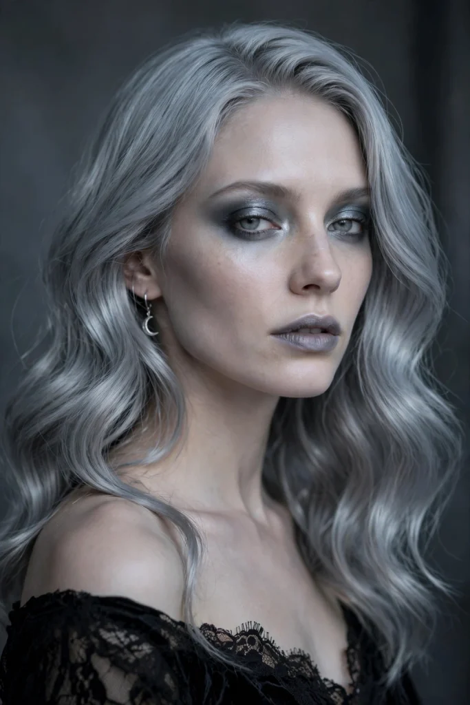 22 Halloween Hairstyles to Try in 2026 18 16. Eerie Silver-Grey Waves