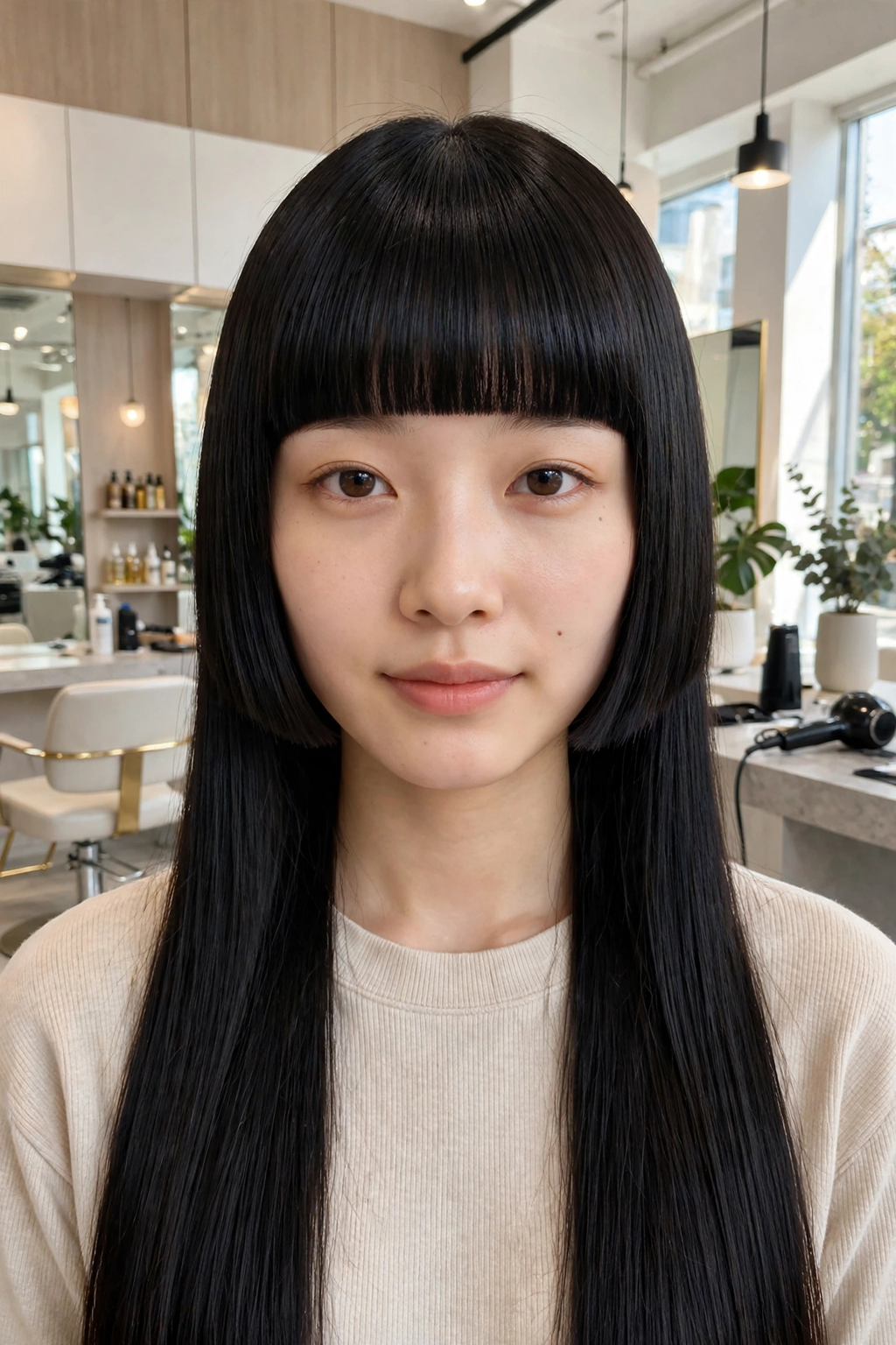 Classic jet-black hime haircut with blunt sidelocks and straight-across bangs