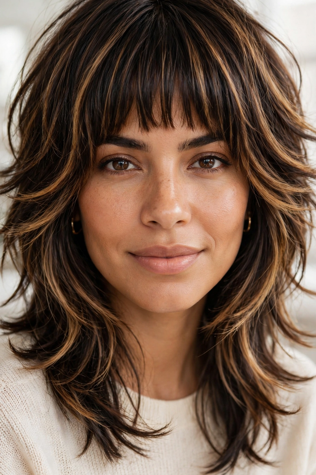 2. Honey Balayage Gypsy Shag with Blunt Fringe