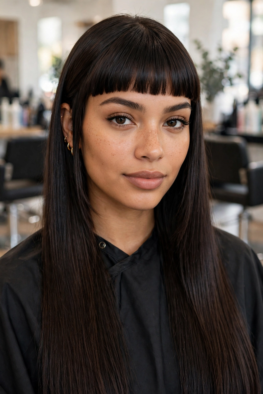 Long hime haircut with straight-across bangs and sleek lengths