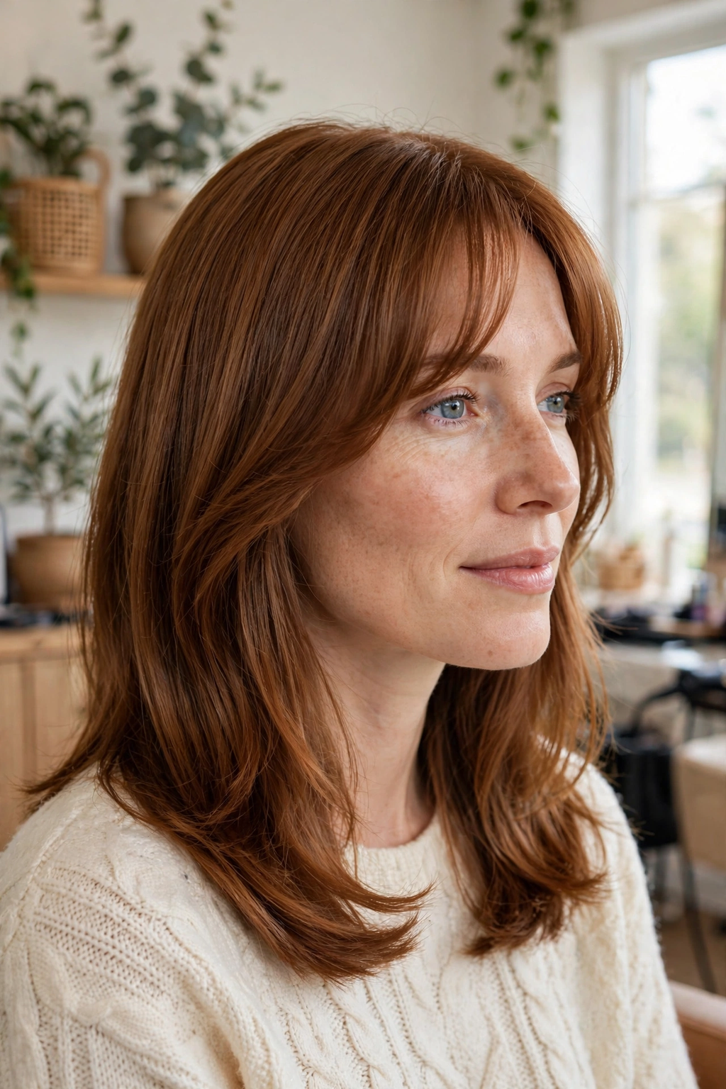 5. Medium-Length Ginger Brown With Curtain Bangs