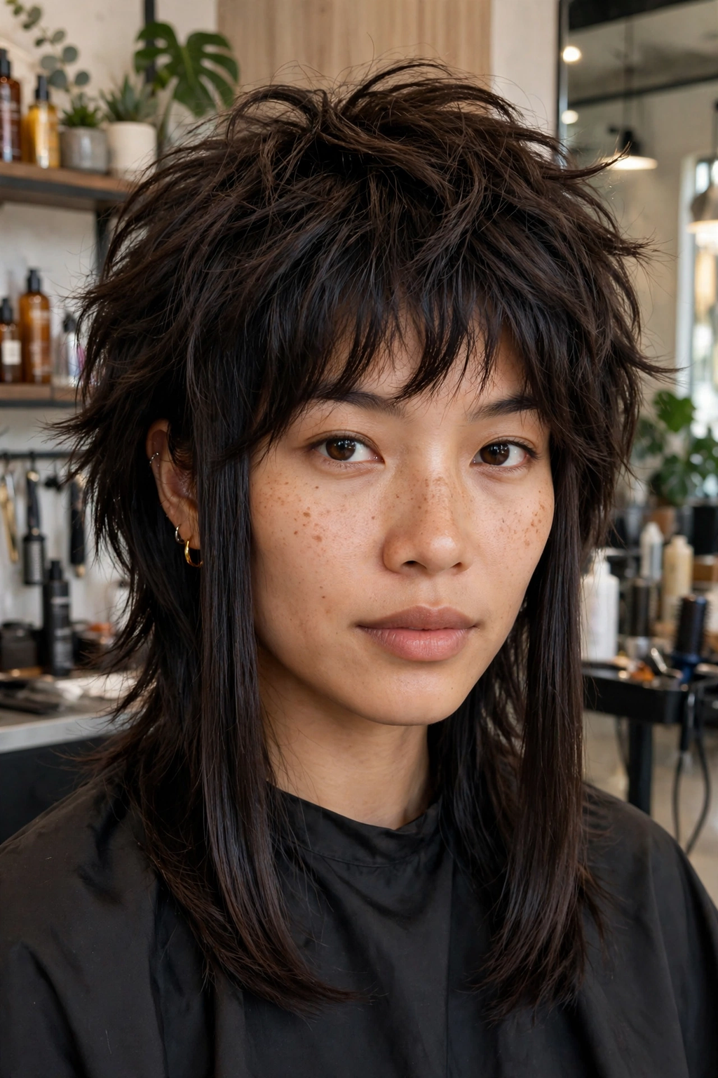 Wolf-cut hime fusion with shaggy layers and blunt sidelocks