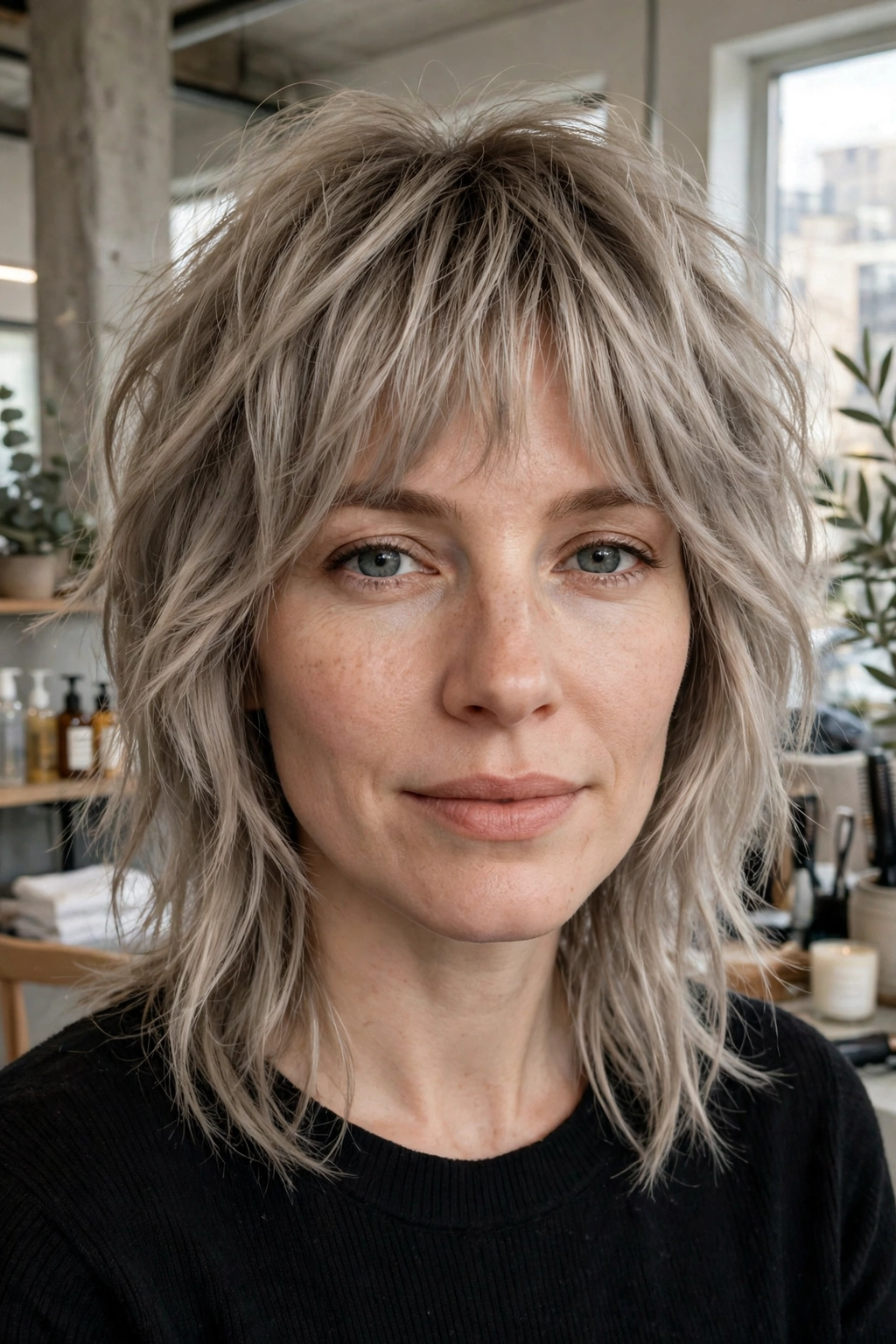 8. Ash Blonde Tousled Gypsy Shag with Wispy Bangs