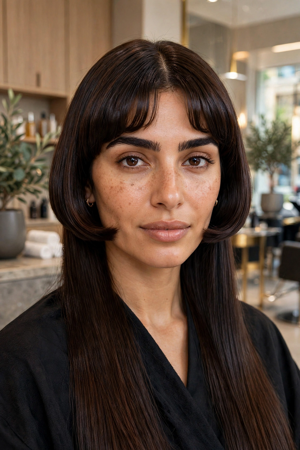 Hime haircut with curtain fringe parted at the center
