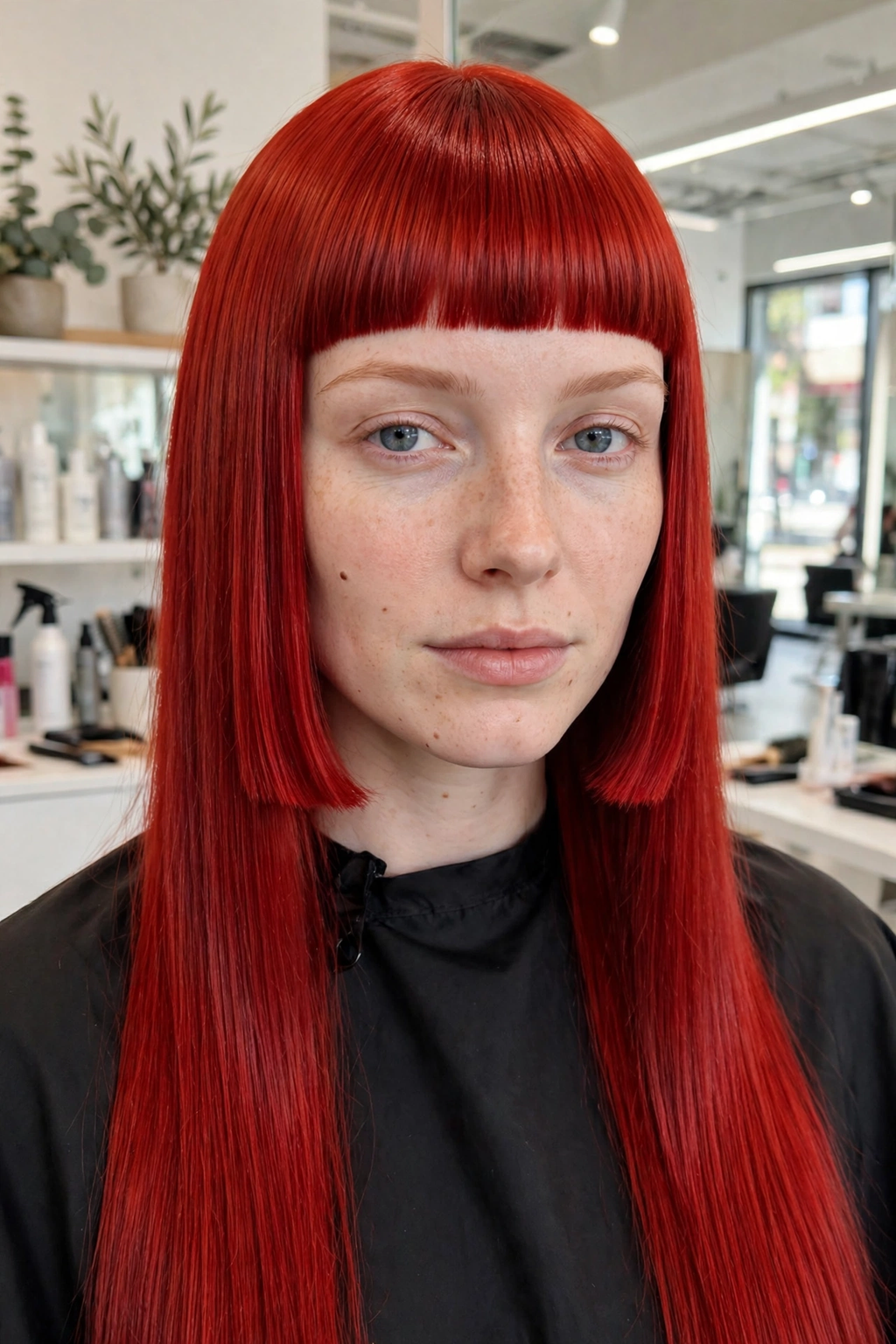 Cherry red hime haircut with blunt sidelocks