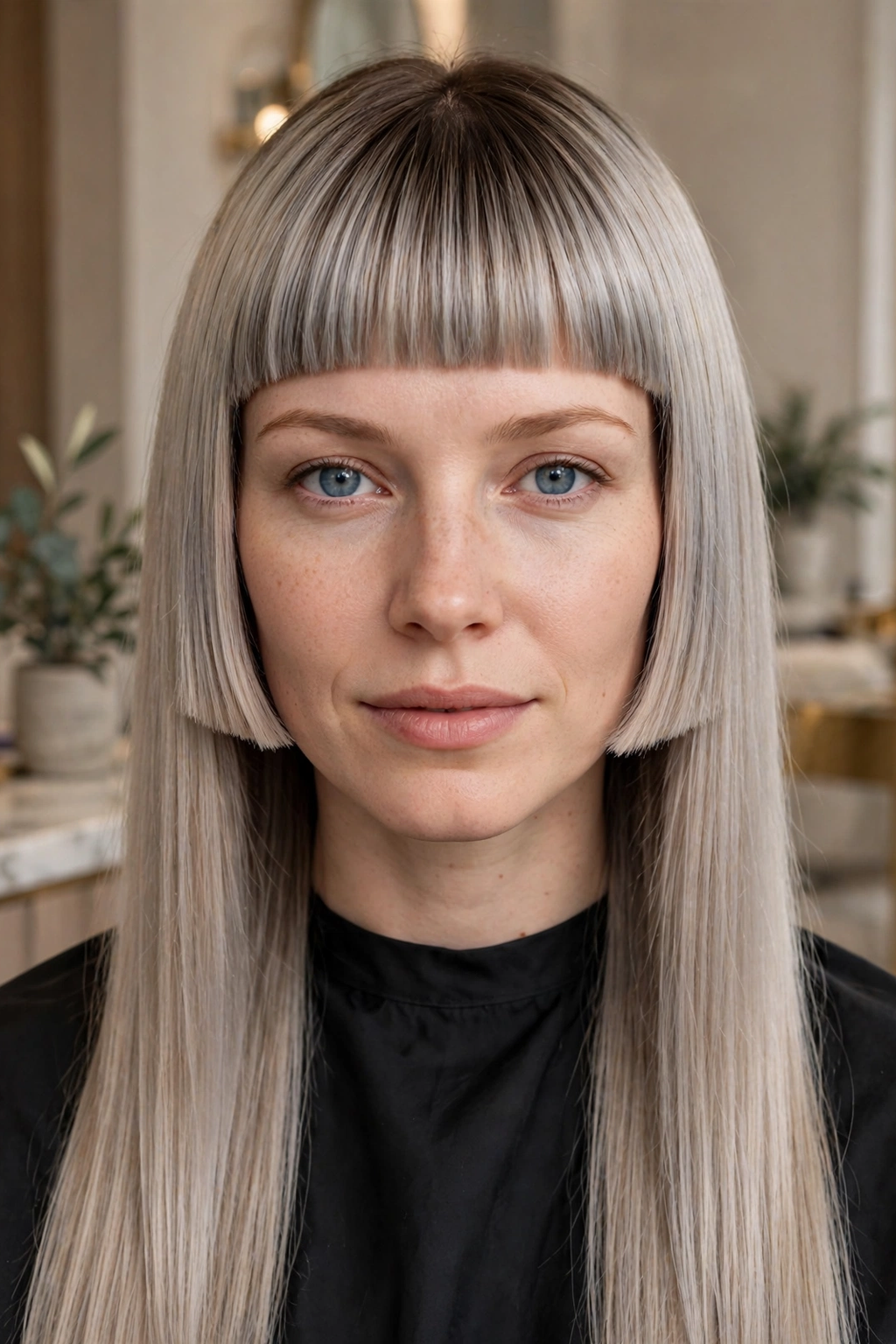 Smoky ash blonde hime haircut
