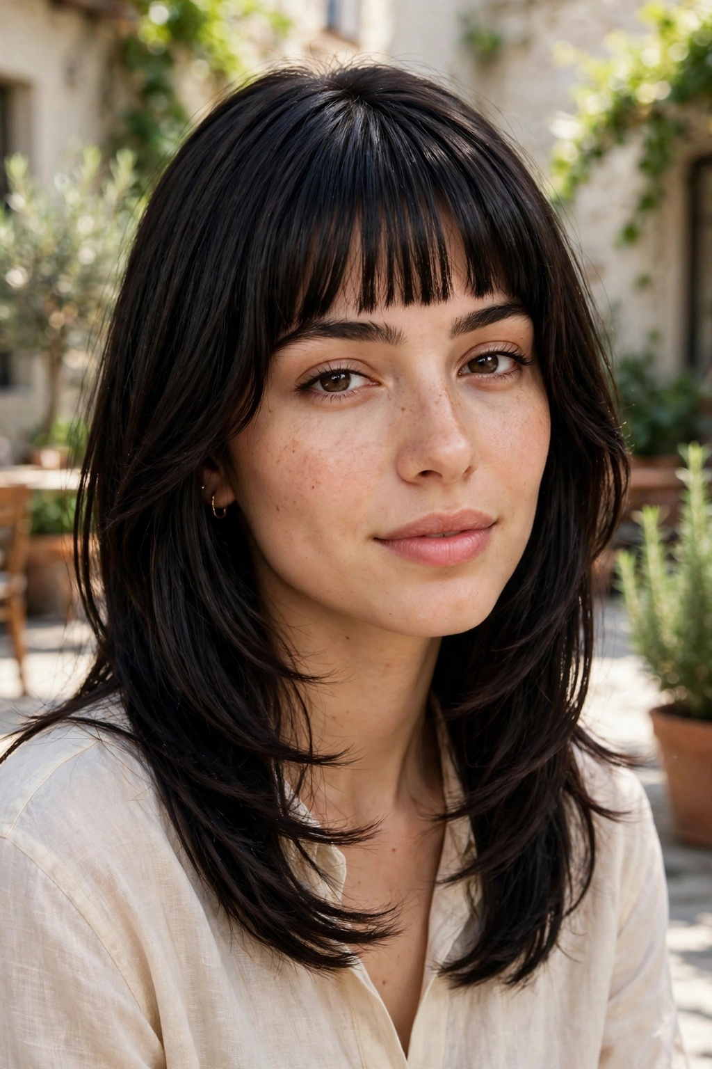 11. Dark Layered Cut with Blunt Bangs