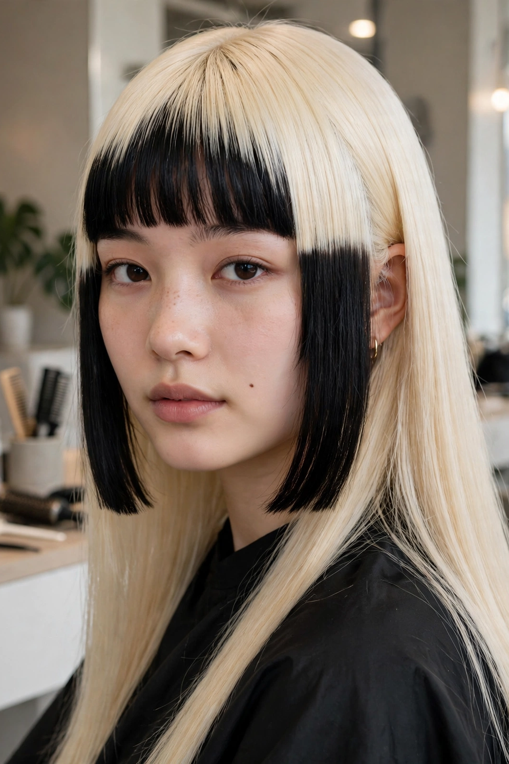 Two-tone hime haircut with dark sidelocks and platinum lengths