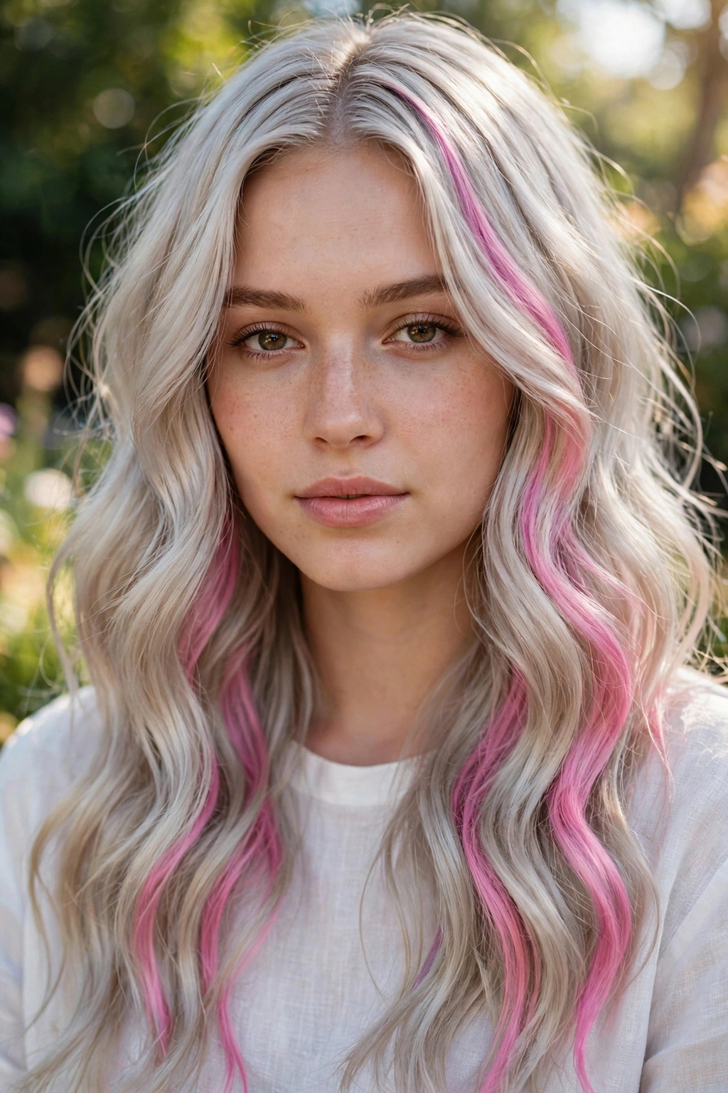 12. Icy Blonde Waves with Pink Chunk Accents