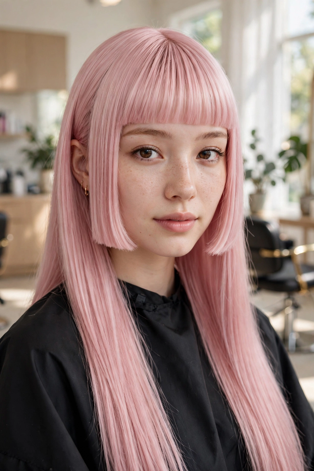 Pastel rose hime haircut in soft pink