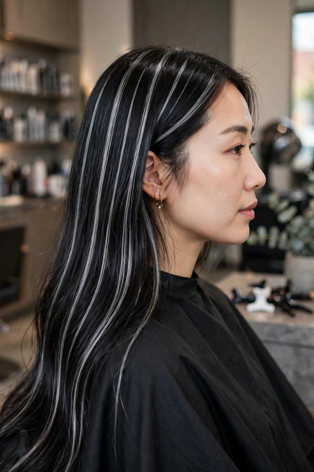 13. Chrome Slices on Midnight Hair